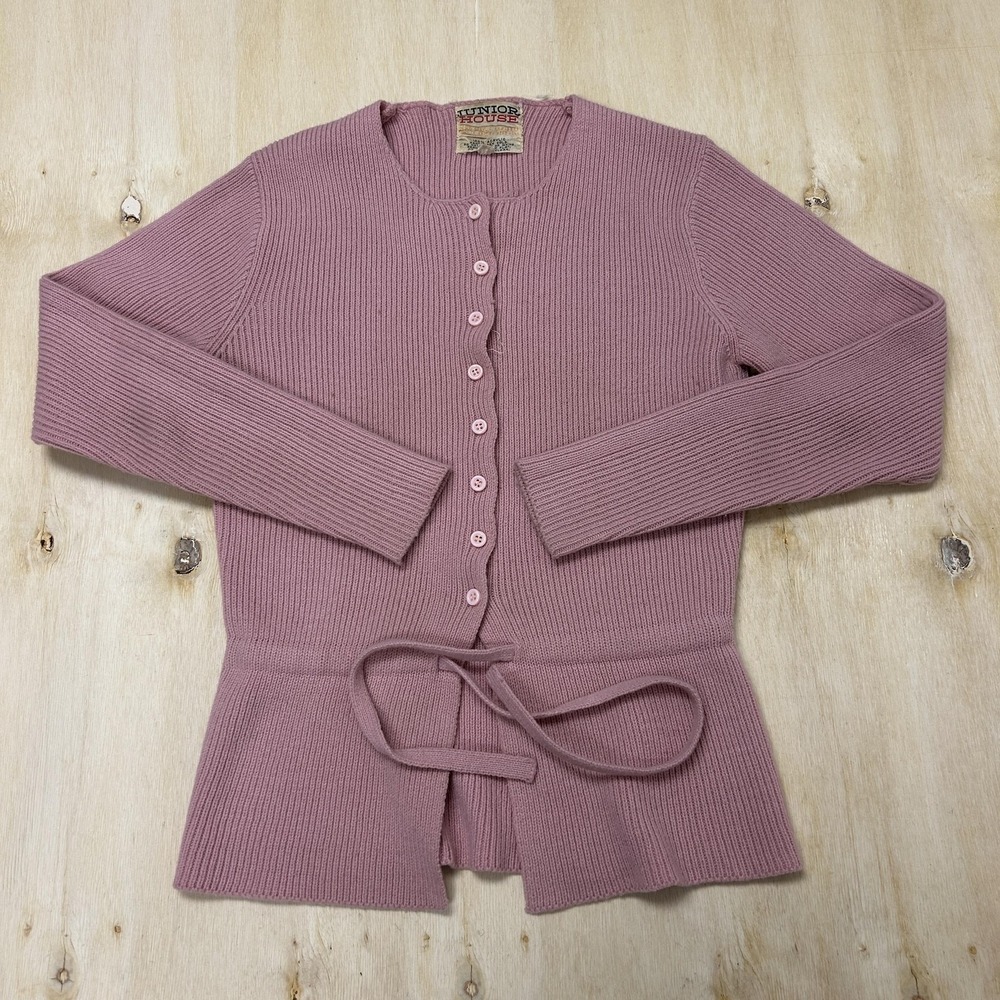 Vintage Junior House Sweater Cardigan Women Medium Pink Acrylic Belted Hong Kong